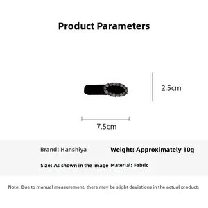 Detailed size specifications for a black velvet hair clip with sparkling rhinestones