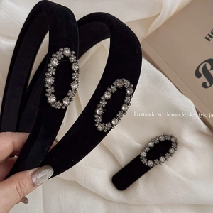 Vintage Black Velvet Headband Oval Rhinestone French Style Non-slip Hairband For Women Evening Party Hair Accessories