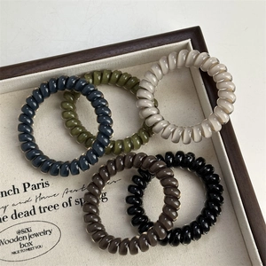 Detail of high-elasticity resin spiral hair ties in five assorted low-saturation colors
