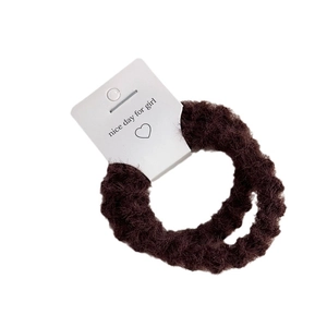 Simple coffee brown plush hair scrunchies with wavy texture and white display card