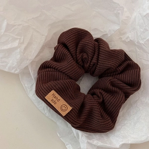 Brown knitted scrunchie with handmade smiley patch for women hair styling accessories