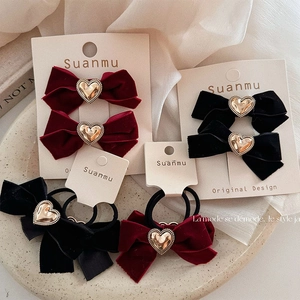 Elegante Fermaglio per Capelli e Elastico in Raso con Fiocco e Fibbia a Cuore in Lega Accessori per Capelli Retro Rosso Nero Donna