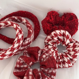 Red tweed headband set with knit textures for Christmas and New Year festive hair styling