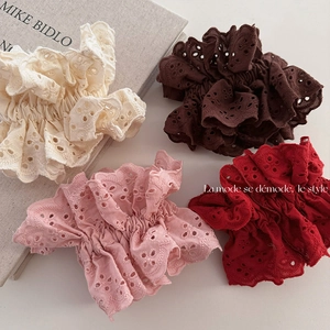 Vintage Lace Eyelet Embroidery Large Hair Scrunchies Cotton Fabric Elastic Ponytail Holder Floral Hair Tie For Women Girls