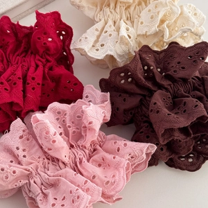 Lace embroidered oversized scrunchies in red, white, pink and brown for elegant hair styling