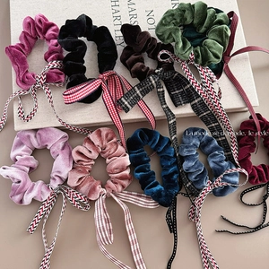 Samt Schleife Bänder Scrunchie Weihnachten Neujahr Haargummi Retro Karo Punktmuster Elastisches Haarband Damen Haarschmuck