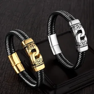 Men's Vintage Braided Leather Bracelet With Stainless Steel Carved Buckle Polished Punk Style Jewelry For Daily Wear