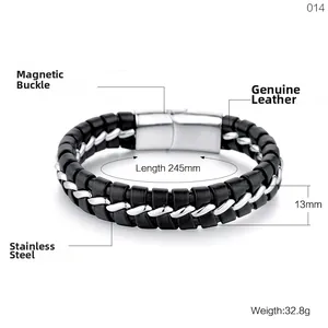 Bracelet en cuir tressé et acier inoxydable pour homme avec fermoir magnétique