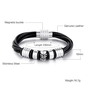 Punk raven skull bracelet in black braided leather with magnetic stainless steel clasp