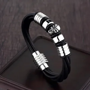Men's Punk Rock Skull Bracelet Stainless Steel Black Braided Leather Multi-Layer Gothic Biker Jewelry Magnetic Buckle