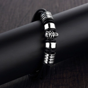 Punk raven devil skull titanium steel and multilayer braided black leather bracelet