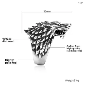 Vintage punk wolf head ring in polished stainless steel for men's trendy fashion