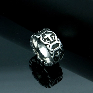 Vintage Gothic stainless steel wide band ring with cross relief and retro texture finish