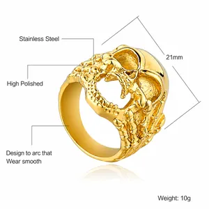 Polished gold stainless steel skull ring for men with punk rock skeleton design