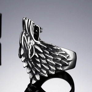 Gothic punk wolf head ring for men made of vintage titanium steel with detailed engraving