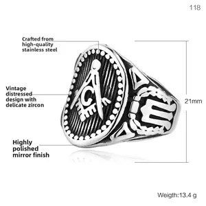 Vintage stainless steel Freemason ring with zircon stone and high polished retro finish