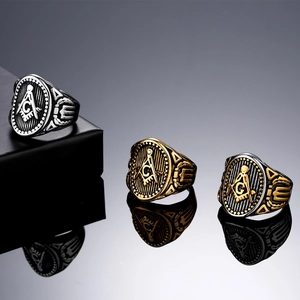 Vintage Men Stainless Steel Masonic Ring Retro Freemasonry Square Compasses G Symbol Elliptical Polished Band Ring Jewelry