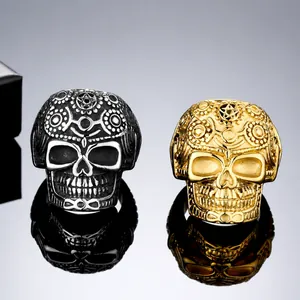Vintage Edelstahl Totenkopf Ring Für Herren Gothic Punk Sugar Skull Sonnenblume Muster Retro Dominanter Finger Schmuck Geschenk
