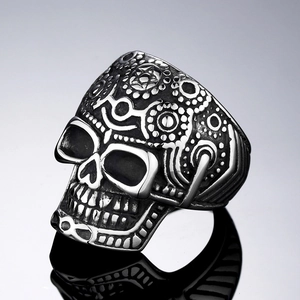 Retro Sonnenblumen Totenkopfring für Herren im Vintage-Punk-Stil aus robustem Titanstahl