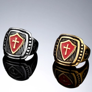 Vintage Roman shield cross rings in gold and silver steel for men with red enamel