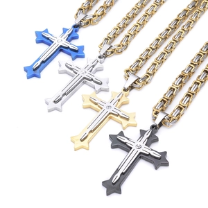 Collier Pendentif Croix Chaîne Byzantine en Acier Inoxydable Pour Homme Femme Or Argent Bleu Noir Zircone Épée Bijoux