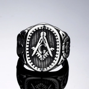 Vintage silver stainless steel Freemasonry signet ring with compass and square symbol