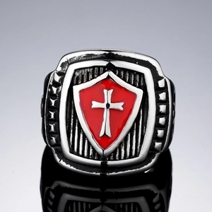 Men's vintage titanium steel ring with red enamel shield and white cross emblem detail
