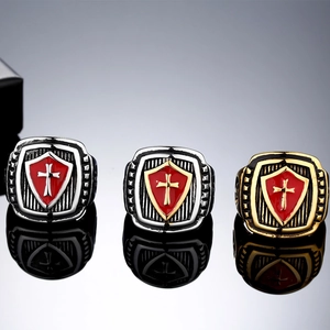Men's Roman style titanium steel cross shield rings in silver, gold, and mixed finishes