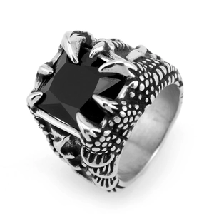 Men's vintage titanium steel dragon claw ring with a large square black gemstone inlay