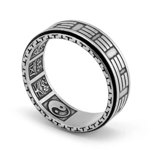 Bague rotative vintage en acier inoxydable avec symboles Bagua et motif Tai Chi argenté