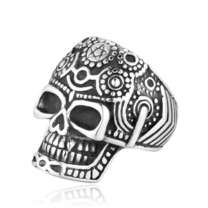 Anillo de calavera punk vintage en acero inoxidable negro con grabado de estrella única