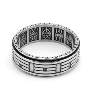 Bague rotative Bagua vintage en acier inoxydable avec symboles chinois gravés