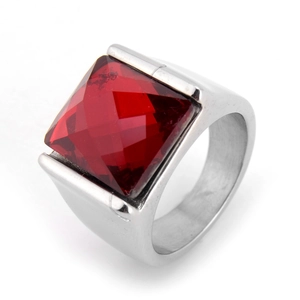 Bague pour Homme en Acier au Titane Strass Rouge Simple Bague Pierre Précieuse Taille Carrée Bijoux de Mode Personnalité