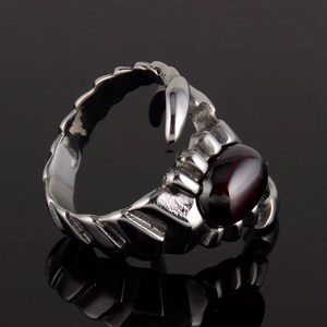 Retro titanium steel scorpion ring for men with vintage silver finish and red gemstone