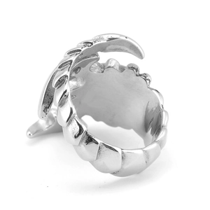 Detailed view of silver stainless steel scorpion ring with scale textured punk design