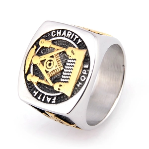 Chevalière de la Franc-Maçonnerie Vintage pour Hommes Acier Inoxydable Faith Hope Charity Bicolore Or Argent Punk Bijoux