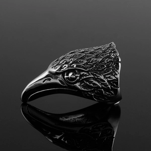 Vintage eagle head titanium steel ring for men with antique black finish and detailed texture