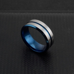 Men's titanium steel ring with silver brushed finish and blue grooved inlay design