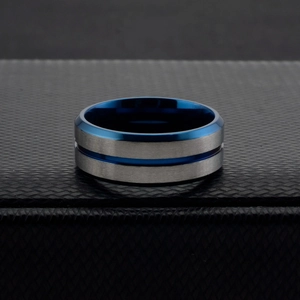Men's matte brushed titanium steel ring with blue interior and center groove