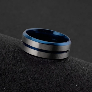 Men's titanium steel ring with brushed grey surface and polished blue inner groove