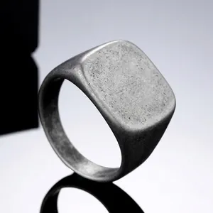 Vintage Stainless Steel Signet Ring For Men Retro Distressed Square Geometric Matte Band Titanium Steel Men Jewelry