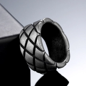 Vintage silver mens rhombus textured titanium steel ring with industrial wave edges