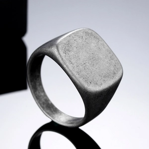 Retro matte titanium steel square signet ring for men with polished finish and vintage look