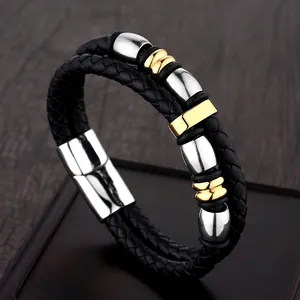 Men Stainless Steel Woven Leather Bracelet Punk Multi Layer Magnet Clasp Gold Silver Beads Casual Wristband Jewelry