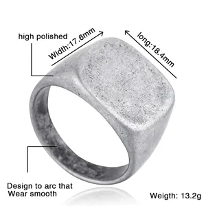 Men's titanium steel square signet ring with mirror polished finish and retro texture