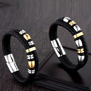 Men's punk braided leather bracelet with gold and silver steel beads and magnetic clasp
