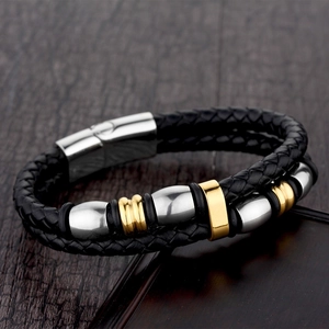 Double-layered black braided leather men's bracelet with gold and silver steel beads