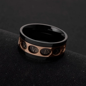 Anillo giratorio moderno con números romanos en acero inoxidable oro rosa y negro