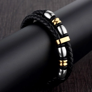 Men's double-layered braided black leather bracelet with silver and gold metal beads
