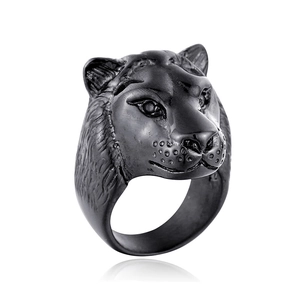 Vintage black panther head ring in matte titanium steel for men with punk style engraving